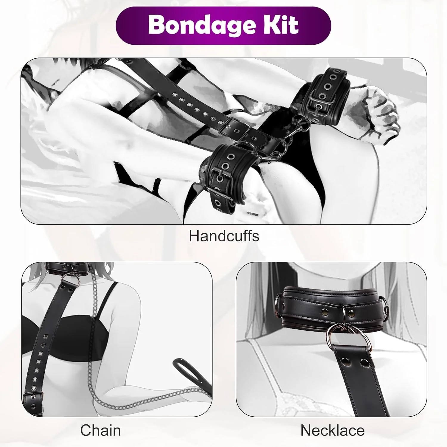 BDSM Bondage Neck to Wrist Restraints Kit with Traction Chain - Image 2