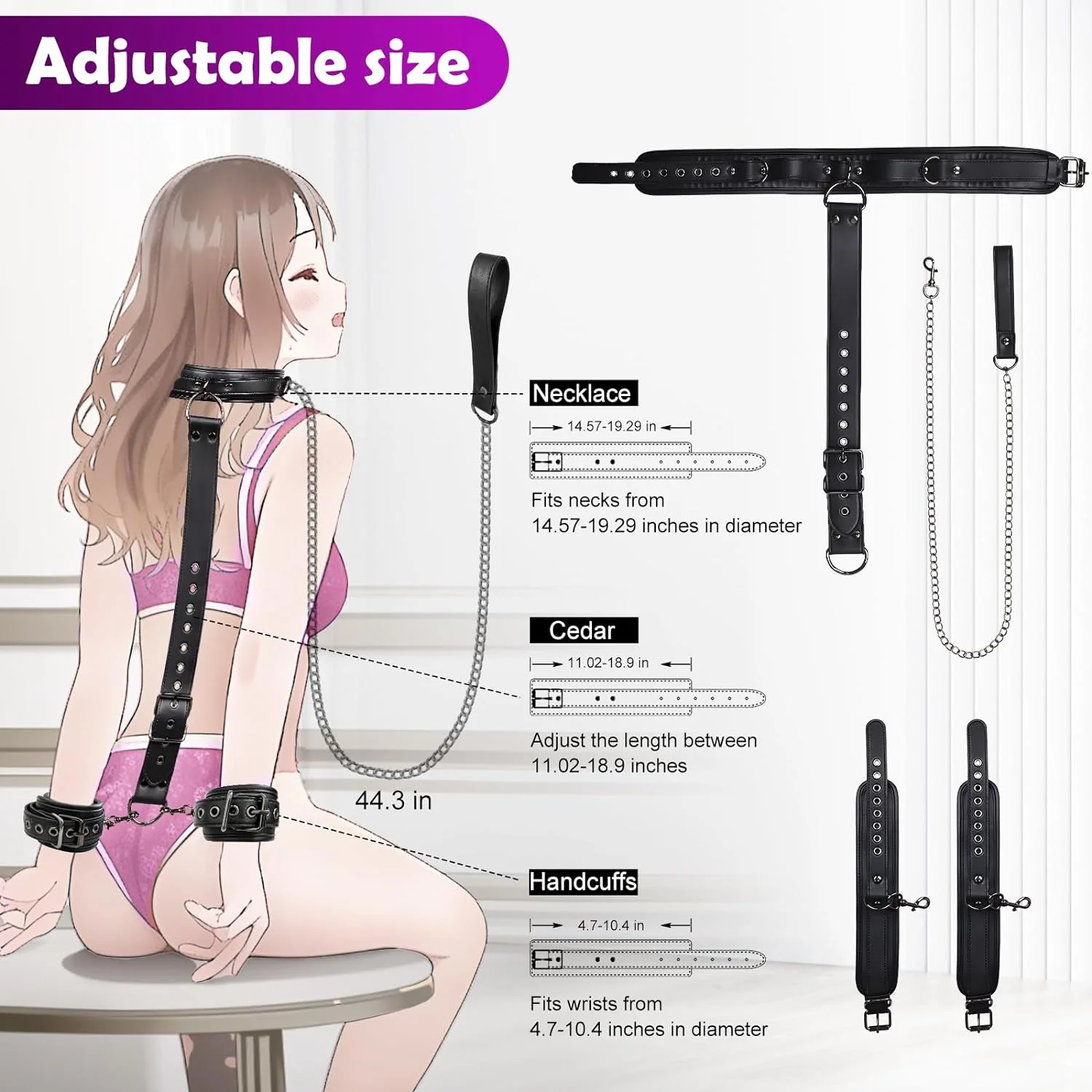 BDSM Bondage Neck to Wrist Restraints Kit with Traction Chain - Image 6