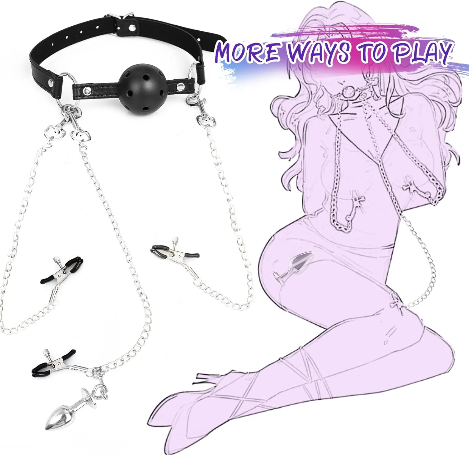 BDSM Bondaged Restraints Ball Gag Nipple Clitoris Clamp Anal Plug Set - Image 3