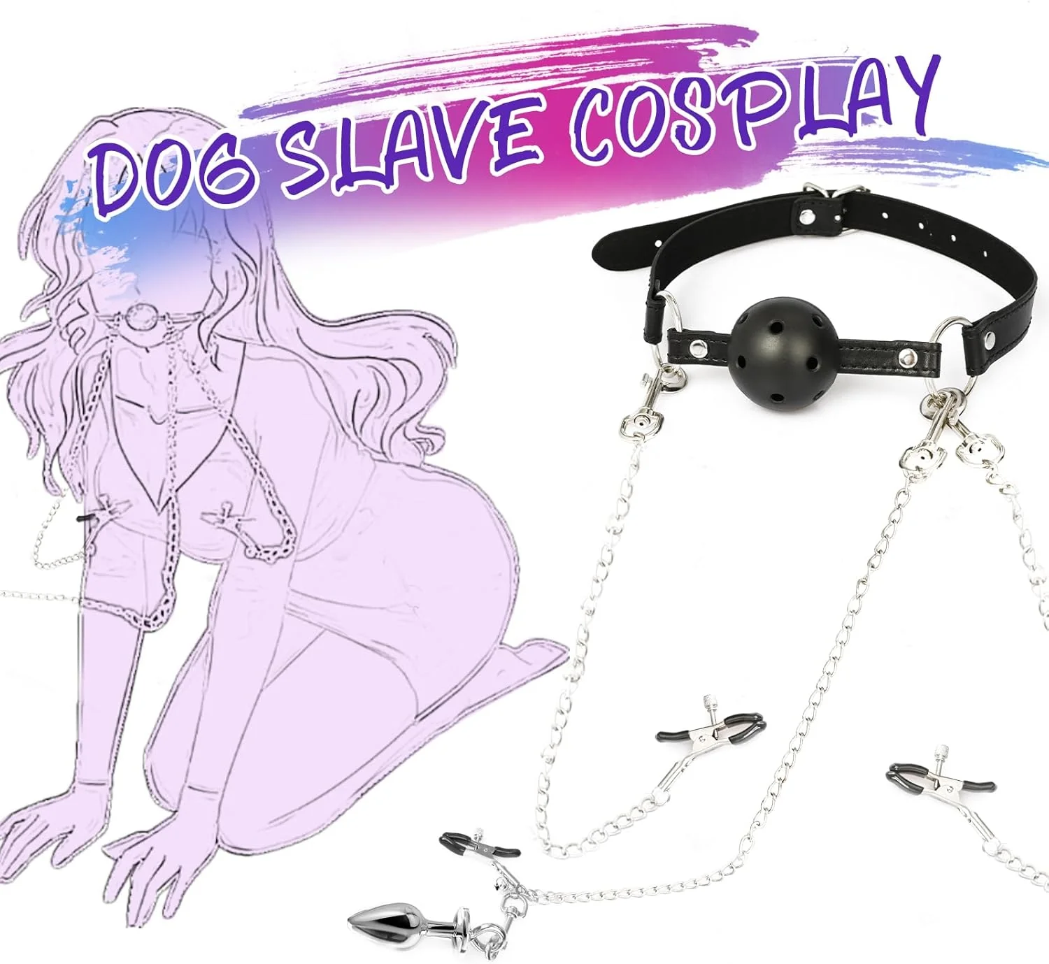 BDSM Bondaged Restraints Ball Gag Nipple Clitoris Clamp Anal Plug Set - Image 4