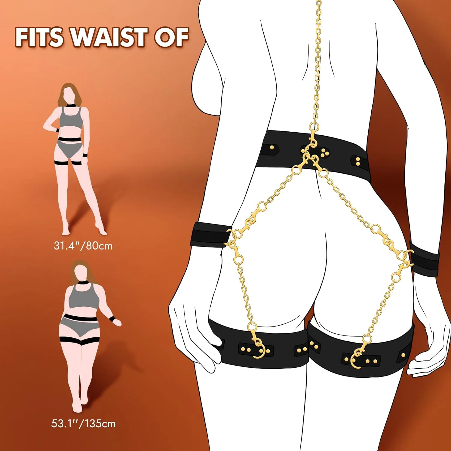 BDSM Kit PU Leather Handcuffs and Legcuffs Gold Chain Bondage DIY SM Sex Toys - Image 4