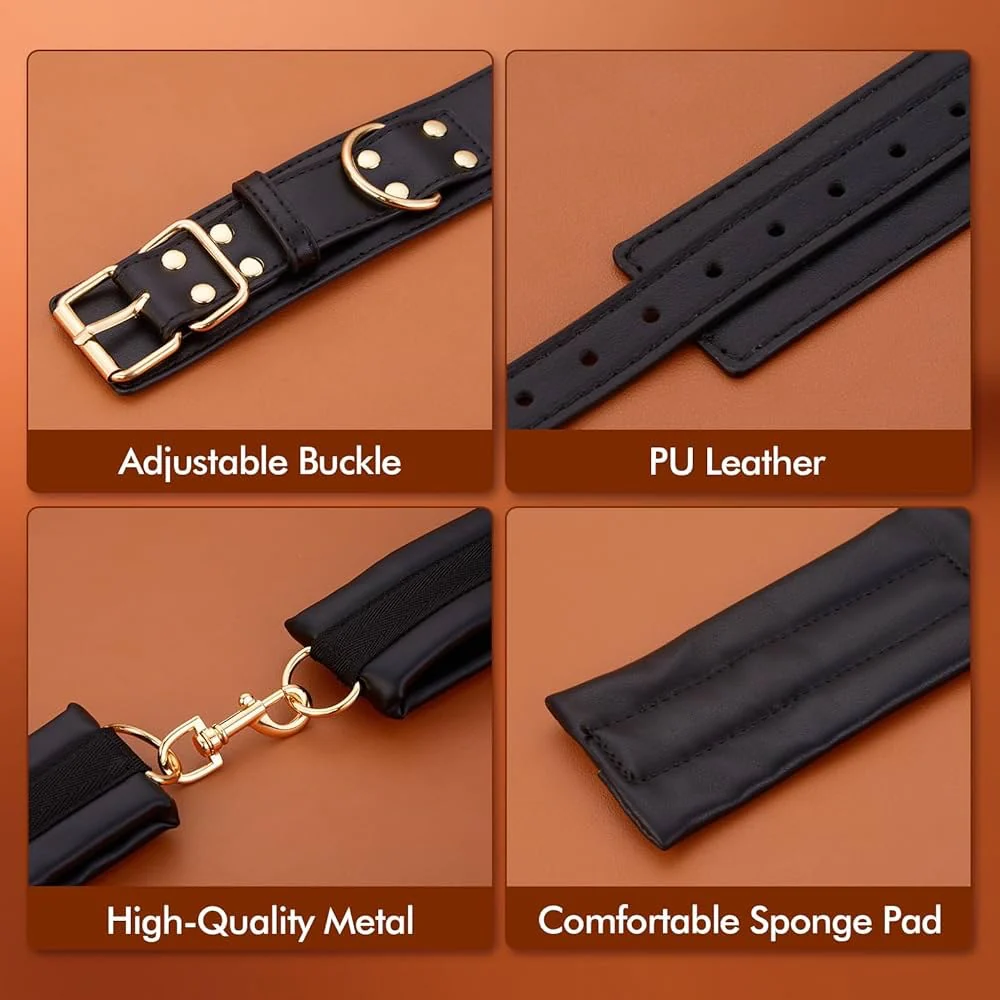 BDSM Kit PU Leather Handcuffs and Legcuffs Gold Chain Bondage DIY SM Sex Toys - Image 5