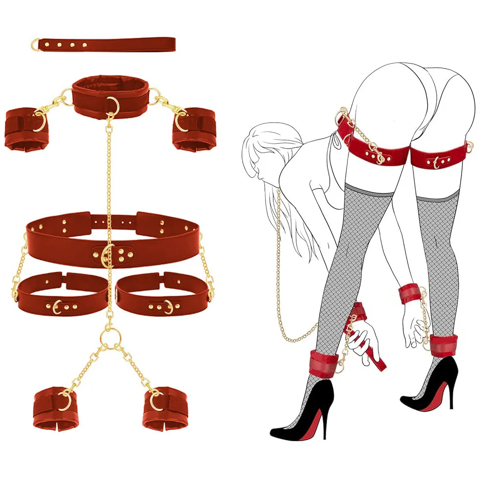 BDSM Kit PU Leather Handcuffs and Legcuffs Gold Chain Bondage DIY SM Sex Toys - Image 7