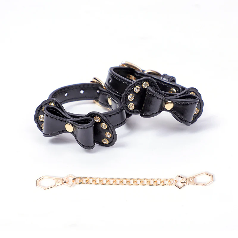 BDSM Rhinestone Bow - Shaped PU Leather SM Handcuffs With Chain - Image 3