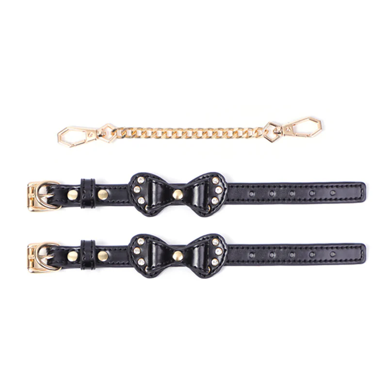 BDSM Rhinestone Bow - Shaped PU Leather SM Handcuffs With Chain - Image 4