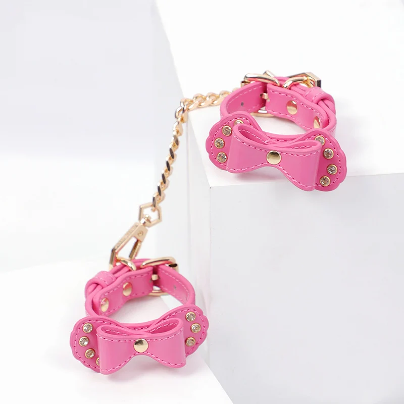 BDSM Rhinestone Bow - Shaped PU Leather SM Handcuffs With Chain - Image 5