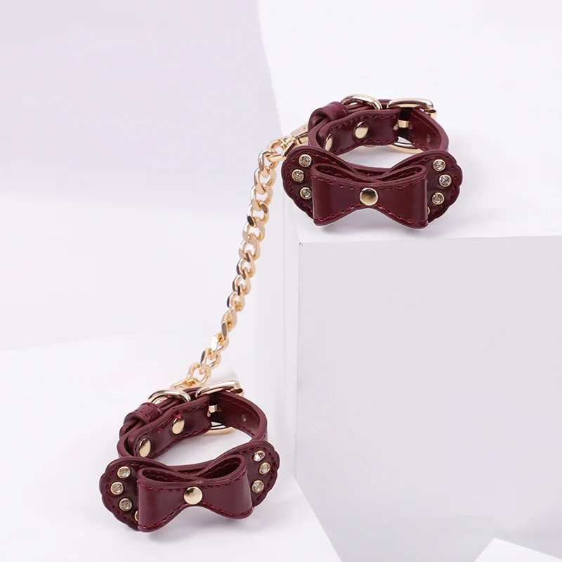 BDSM Rhinestone Bow - Shaped PU Leather SM Handcuffs With Chain - Image 6