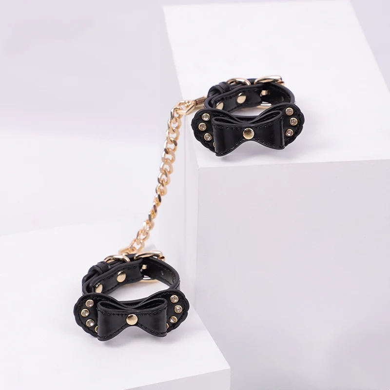 BDSM Rhinestone Bow - Shaped PU Leather SM Handcuffs With Chain - Image 7