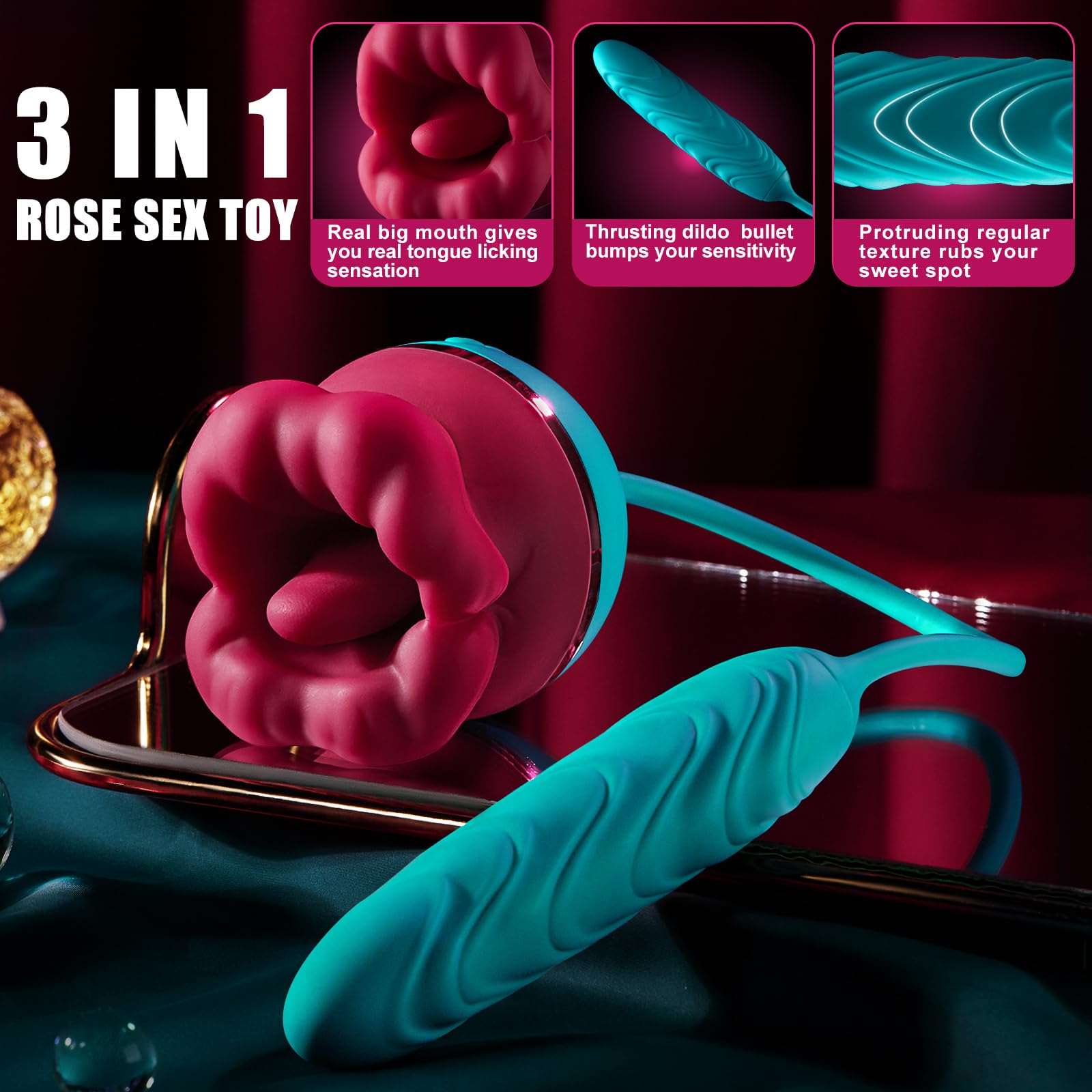Big Mouth 3in1 Rose shaped Vibrator With 9 Tongue Licking & 6 Thrusting G Spot Dildo - Image 4