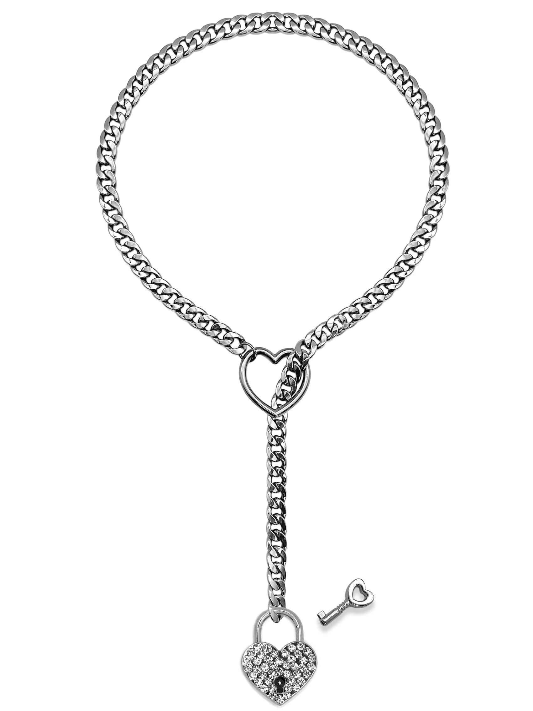 Crystal Heart Lock & Key O-ring Slip Chain