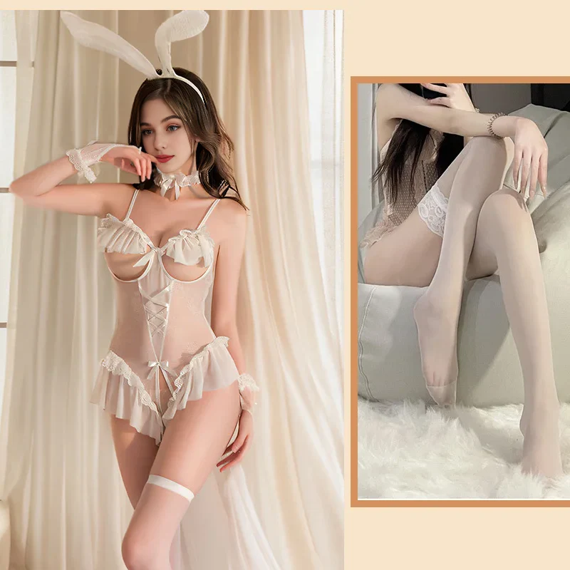 ăFree Bunny Ears HeadbandăLace Bunny Sexy Cosplay Bodysuit Set - Image 6