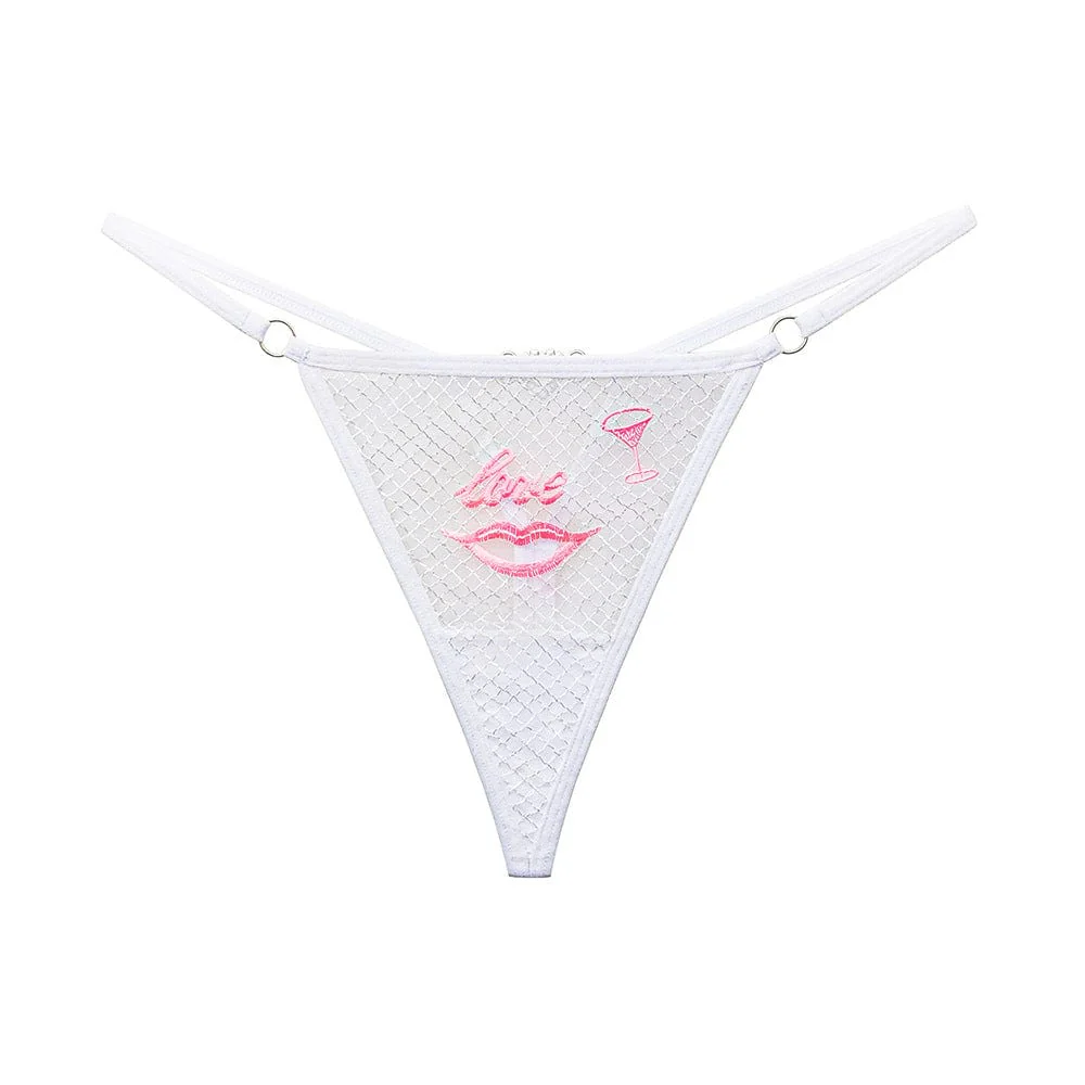 "Love" Red Lips Sexy Embroidery Mesh Women Thong with Diamonds - Image 6