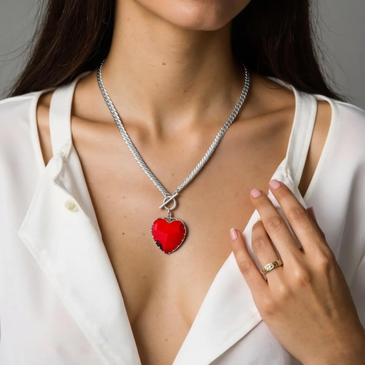 Red Heart Pendant Necklace Choker - Image 2